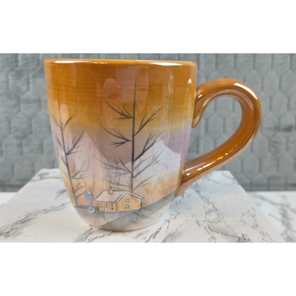 Trisa Luster Glaze Coffee Cups Winter Scene House Trees and Snowmn Stoneware Set
